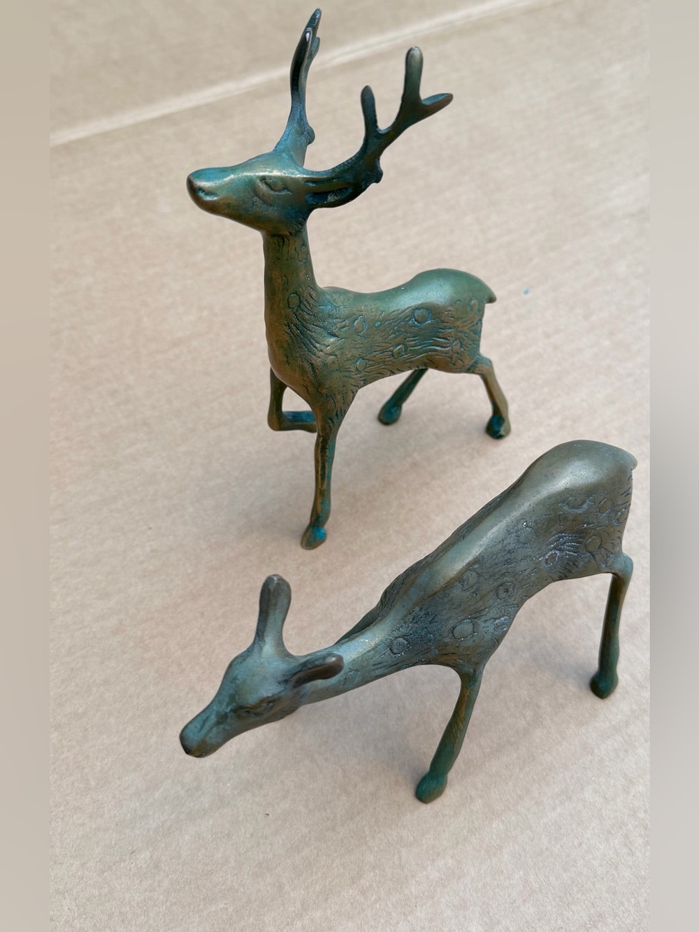 Vintage Brass Deer Figurines Set of 2 Stag & Doe Engraved Patina 7.5”